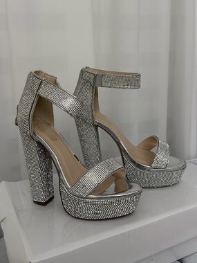 Silver Crystal Platform Ankle-Strap Heels